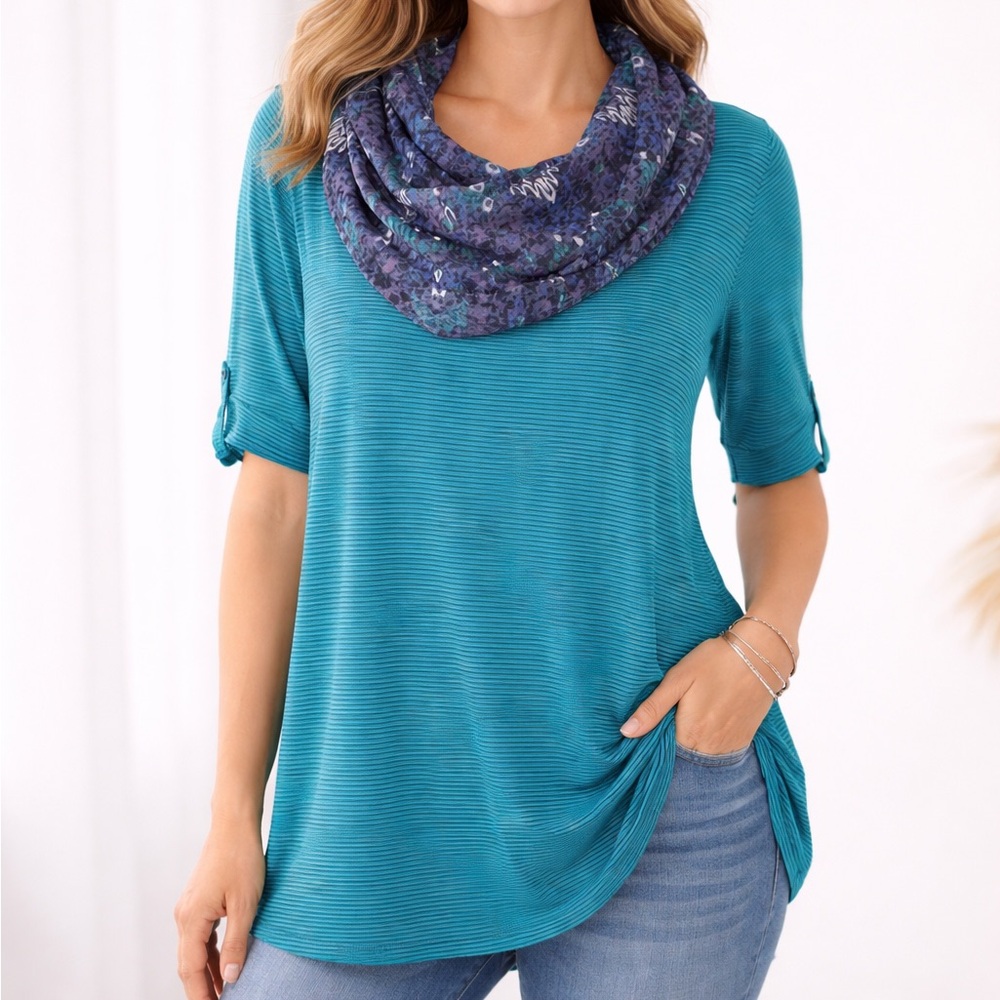 NWT Catherines Plus Blue Striped PALISADES DUET SCARF Top Blouse 1X 18/20W